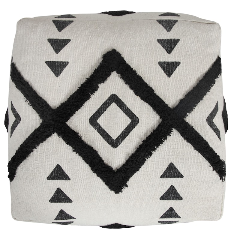 18" White and Black Double Diamond Square Pouf Ottoman