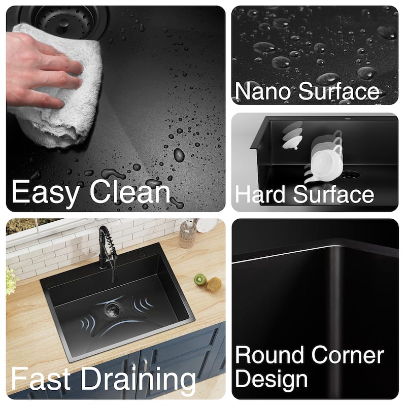 30 inch Drop-in Single Bowl Kitchen Sink, 18 Gauge Black Stainless Steel Kitchen Sink, Handmade Topmount Sink