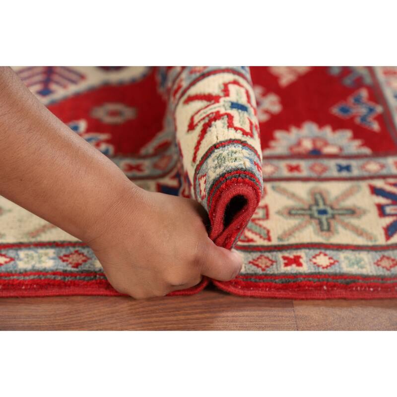 Geometric Red Kazak Accent Rug Handmade Wool Carpet - 3'4" x 5'3"