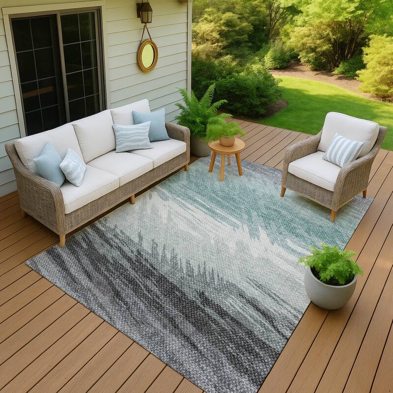 Machine Washable Indoor/ OutdoorAbstract Brushstrokes Chantille Rug - Teal - 10' x 14'