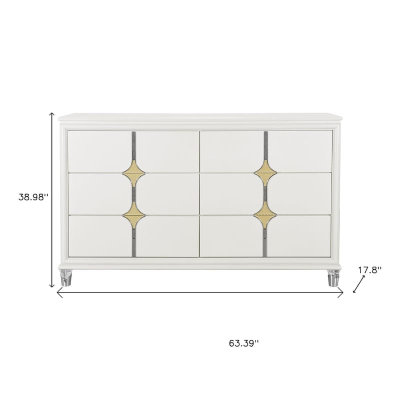 HomeRoots 63" White Wood With Gold Faux Crystal Bling Wood Six Drawer Double Dresser