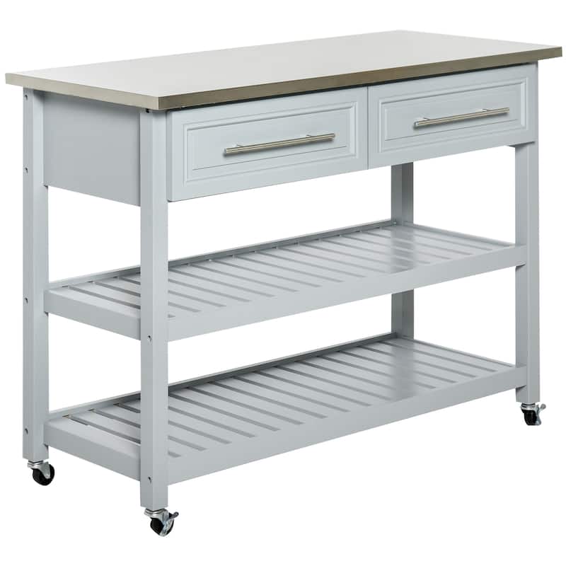 Kitchen Island with 3 Tiers, Kitchen Cabinet with Stainless Steel Top, Rolling Kitchen Cart with Drawers & Shelves