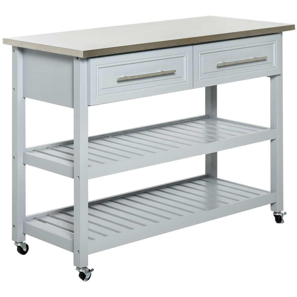 Kitchen Island with Stainless Steel Top, Traditional Kitchen Island with Storage, 2-Tier Open Shelves, Drawers, Light Gray