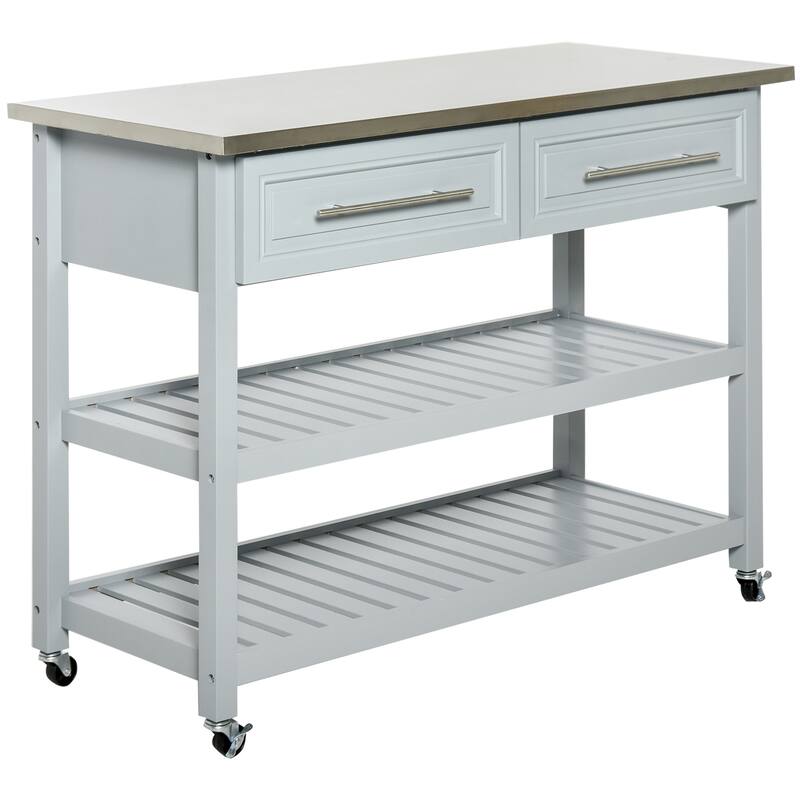 Kitchen Island with Stainless Steel Top, Traditional Kitchen Island with Storage, 2-Tier Open Shelves, Drawers - Grey