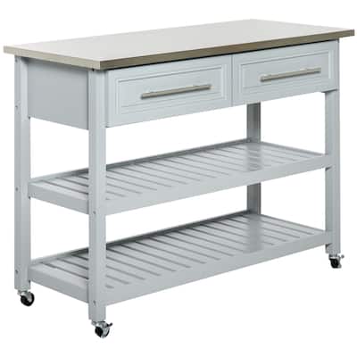 Kitchen Island with Stainless Steel Top, Traditional Kitchen Island with Storage, 2-Tier Open Shelves, Drawers