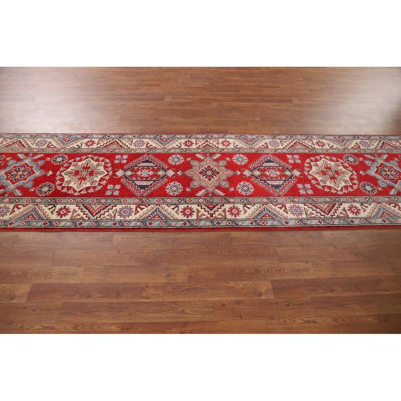 Geometric Kazak Oriental Runner Rug Hand-Knotted Red Wool Carpet - 2'8" x 9'7"