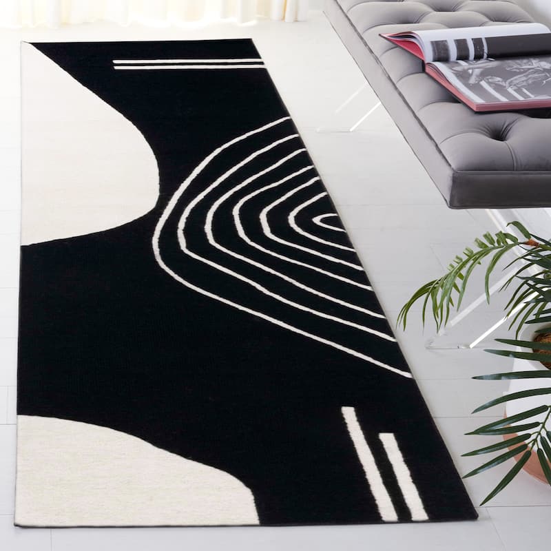SAFAVIEH Handmade Rodeo Drive Vutka Mid-Century Modern Wool Rug - 2'3" x 8' Runner - Black/Ivory - Runner