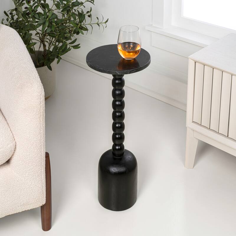 Turner 24.5" Designer Cottage Spindle Wood Drink & End Table, White Marble Top, By JONATHAN Y