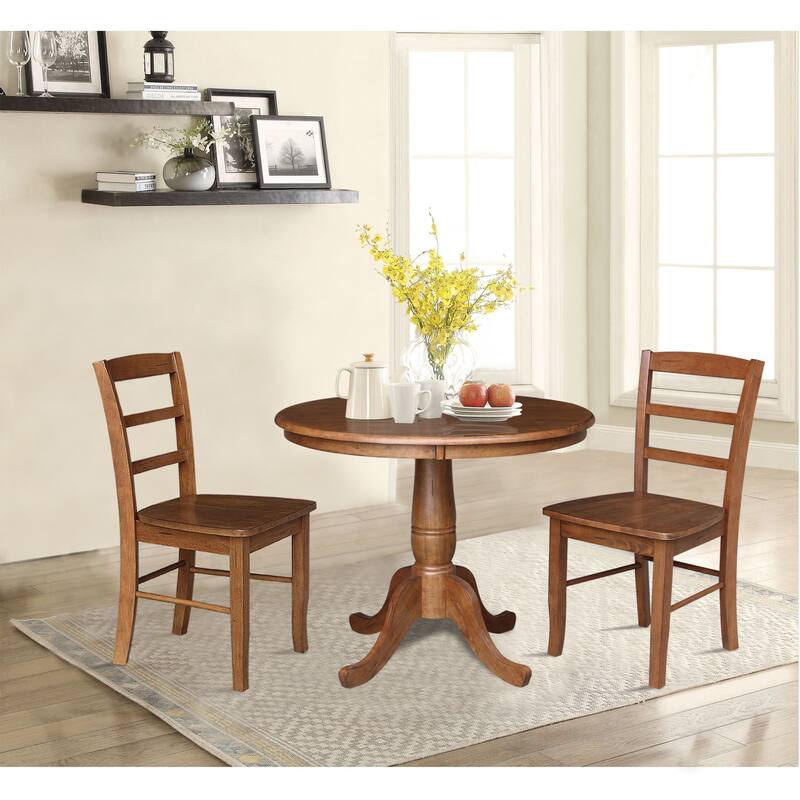 36" Round Pedestal Dining Table with Madrid Ladderback Chairs - 3-Piece Set - Distressed Oak