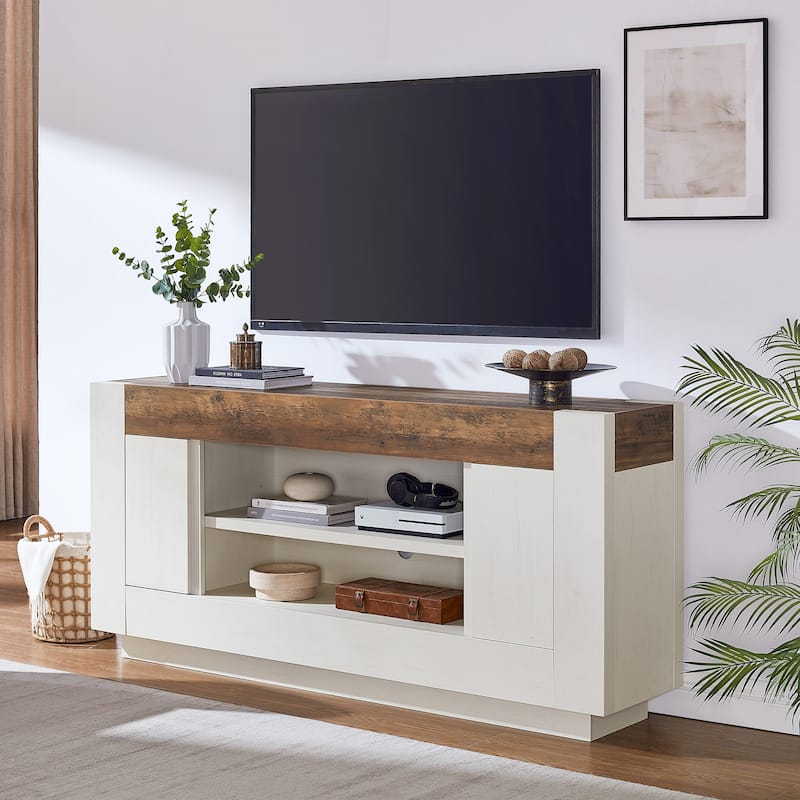 70" Modern TV Stand, Wood Entertainment Center for TVs Up to 80" - White
