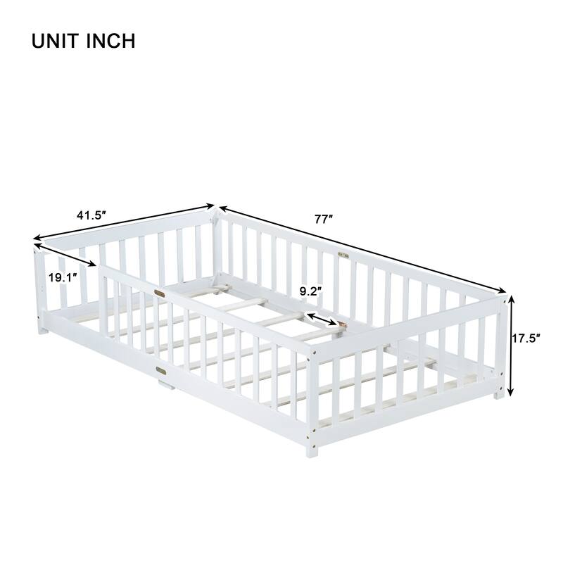 Rubber Wood Twin Size Floor Bed with Fence without Door