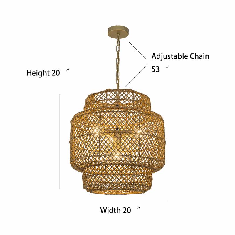 Clair 4-Light Rattan Hemp Tiered Pendant, Coastal Boho - Handwoven - 20" Wide