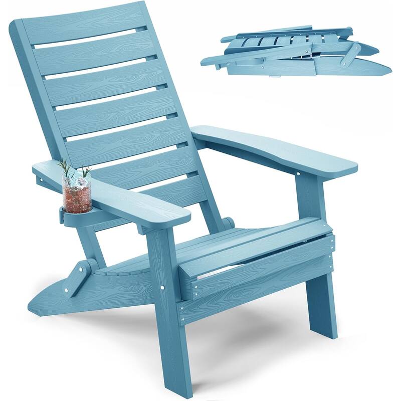 WINSOON HIPS Folding Adirondack Chairs with Arc Back & Cup Holder - Blue