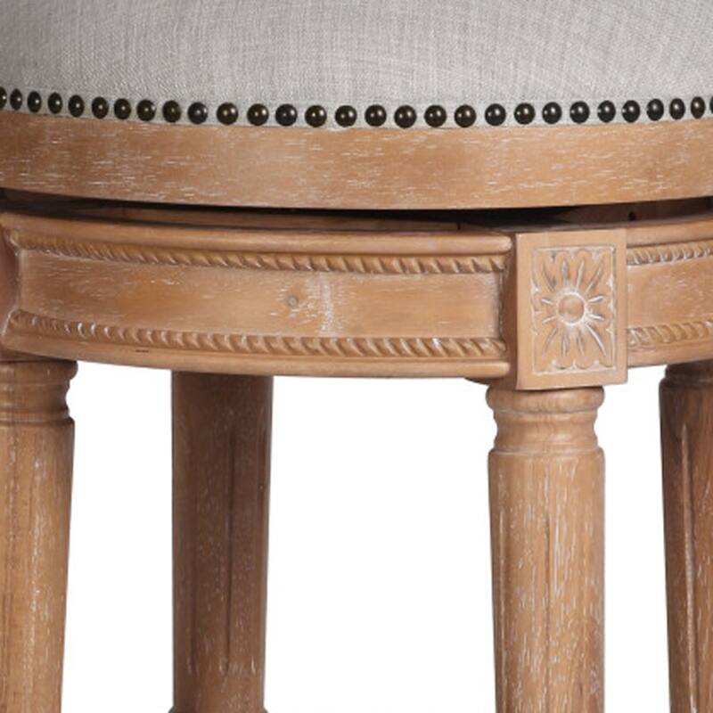Linen Round Wood Swivel Stool with Nail Head Trim, Backless and Footrest
