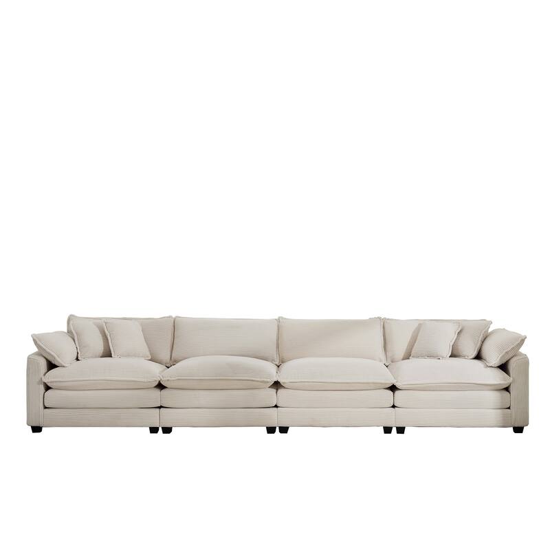 Beige 150" Corduroy Cloud Upholstered 4-seater Modular Sectional Sofa with 6 Pillows, Double Cushion Seat, Free Combination