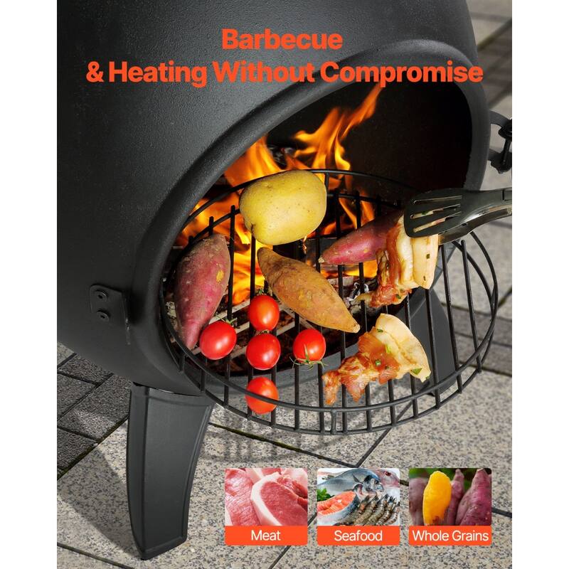 Black Aluminum Spherical Chiminea with BBQ Grill and Rainproof Cover
