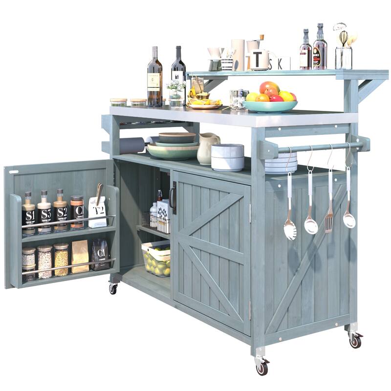 53.3" Outdoor Kitchen Island with Raised Shelf,Solid Wood Storage Cabinet with Stainless Steel Top(NO CHAIR) - N/A