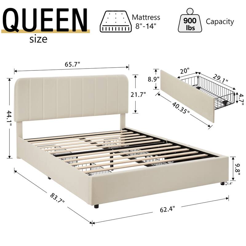 Javlergo Upholstered Platform Bed Frame with Storage Drawers and Adjustable Headboard, No Box Spring Needed
