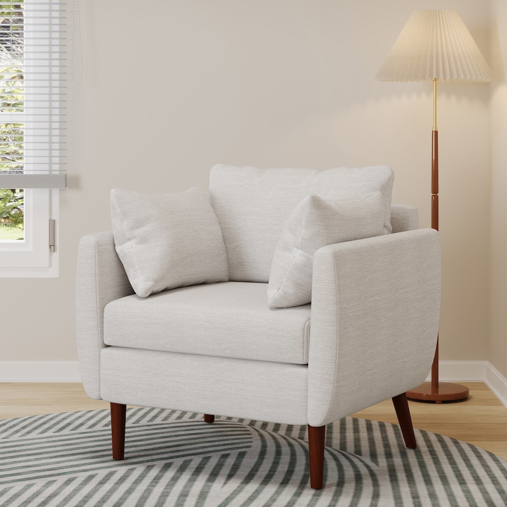 Roomfitters Modern Upholstered Accent Chair with Wood Legs and 2 Pillows, Wide Armchair for Living Room, Beige