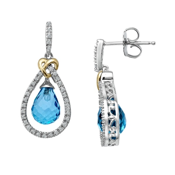 5 1/2 ct Natural Blue Topaz Drop Earrings in Sterling Silver & 14K Gold