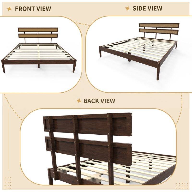 Solid Wood Full Bed Frame Platform Bedframe with Rattan Headboard