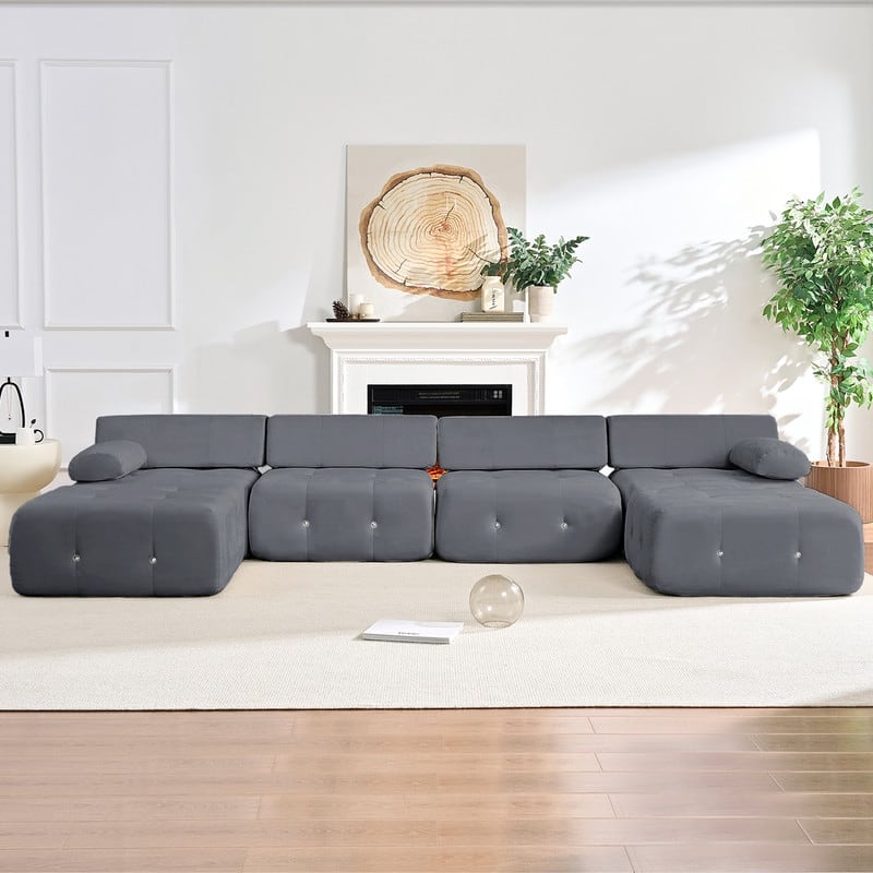 Mixoy Modular 134inch Modular Sectional Sofa with 2 Ottoman,Velvet U-Shaped Couch for Living Room - 133.9"w x 66.9"D x 24.8"H