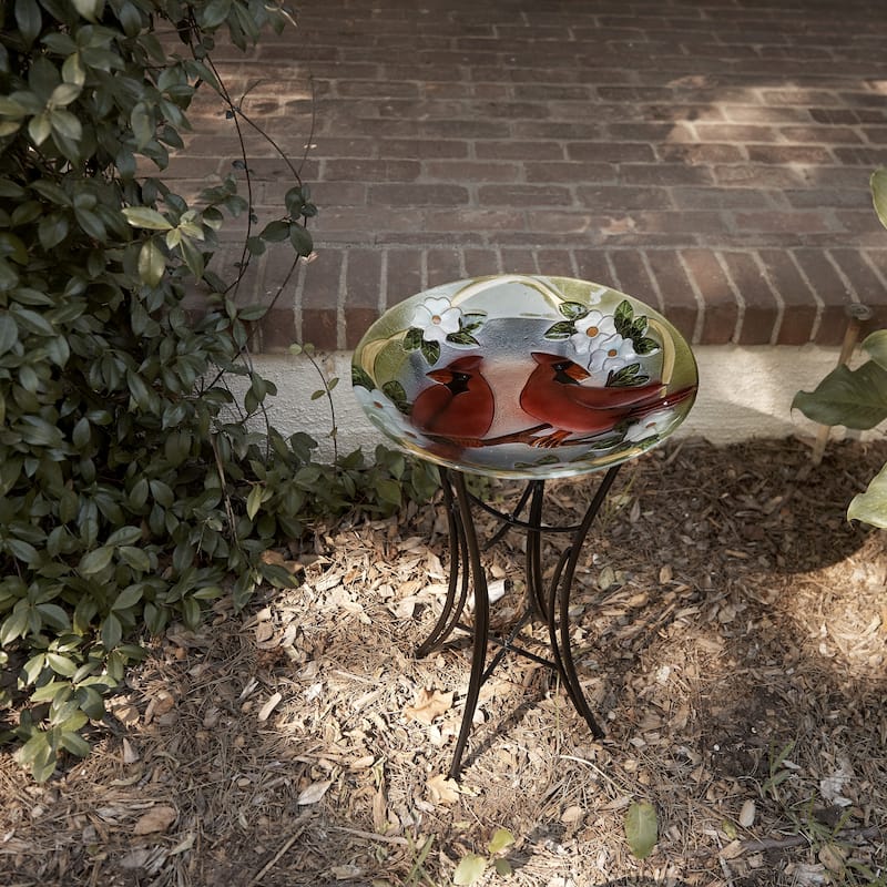 Alpine Corporation 18" Round Outdoor Birdbath Bowl Topper with Painted Red Cardinal and Floral Design