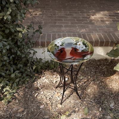Alpine Corporation 18" Round Outdoor Birdbath Bowl Topper with Painted Red Cardinal and Floral Design