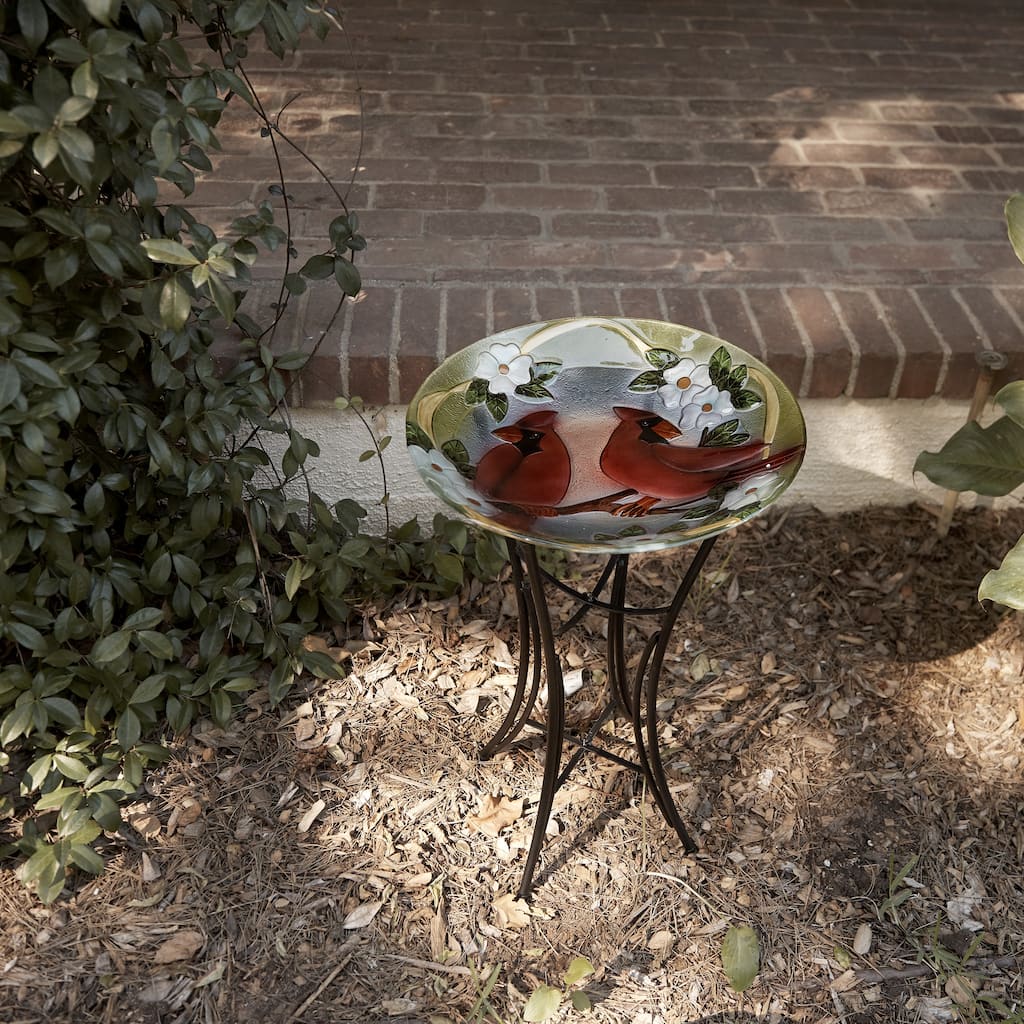 Alpine Corporation 18" Round Outdoor Birdbath Bowl Topper with Painted Red Cardinal and Floral Design