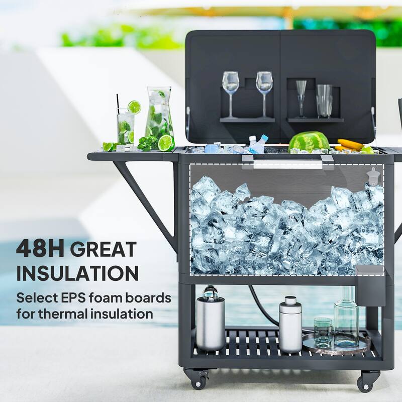 Patio Cooler Cart with Swivel Casters, Folding Lid, Bottle Opener, Towel Rack, Foldable Side Tables - 37" L x 22" W x 33.9" H