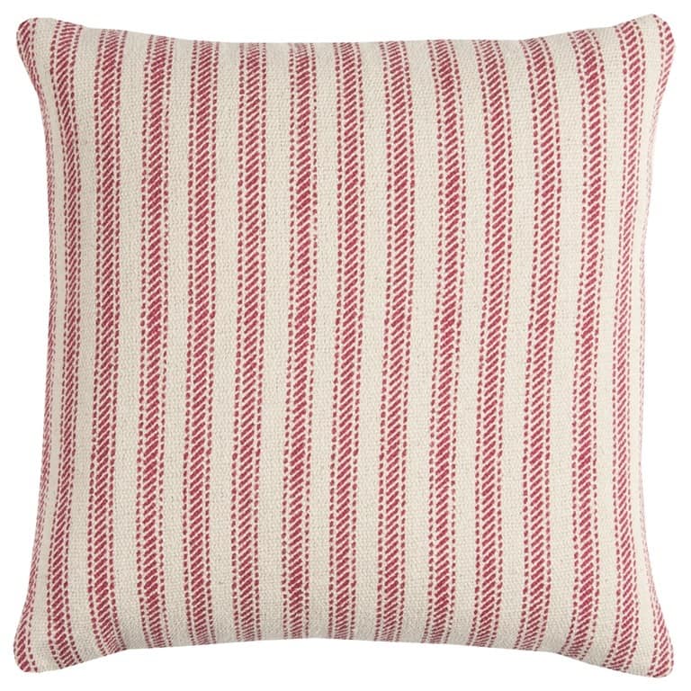 HomeRoots 20" Red and Natural Ticking Stripe Cotton Throw Pillow