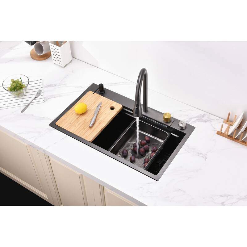 Black 30 Inch Single Bowl Stainless Steel Base Kitchen Sink with Pull-Out Faucet, Cutting Board, Nested Basin
