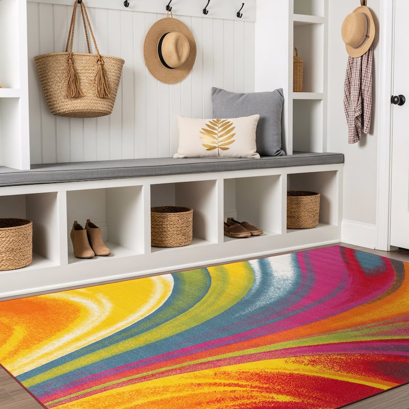 World Rug Gallery Modern Contemporary Waves Multicolored Non-slip Non-skid Area Rug