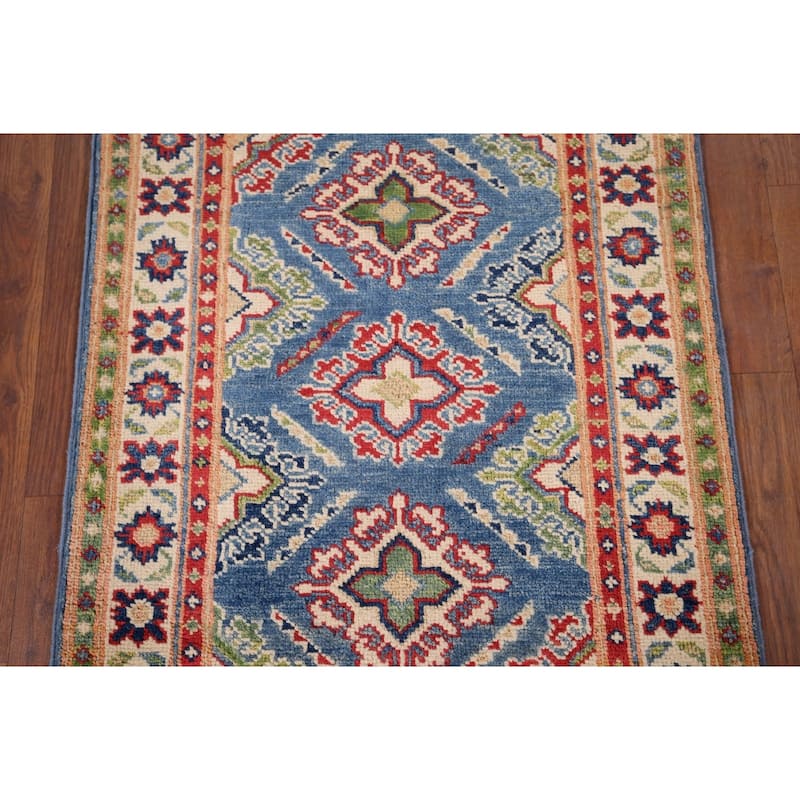 Blue Geometric Kazak Rug Handmade Oriental Wool Carpet - 2'1" x 2'10"