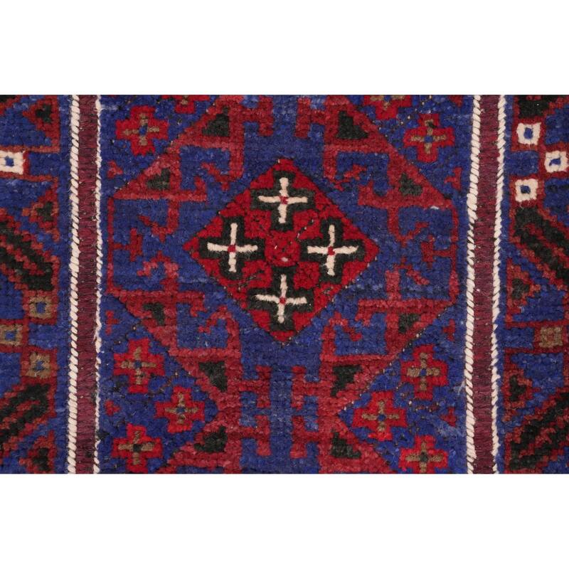 Hand Knotted Oriental 100% Wool Carpet Traditional Tribal Navy Blue & Blues Balouch Runner Rug - 8' 10'' X 2' 1''