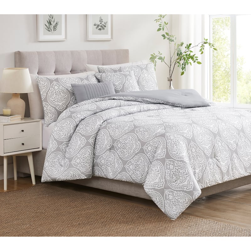 5 Pc Damask Printed Comforter Set Grey - Grey - King