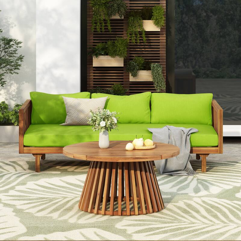 Roomfitters Acacia Wood Patio Set, 3-Seater Daybed with Water-Resistant Cushions & Round Coffee Table - Green,Teak