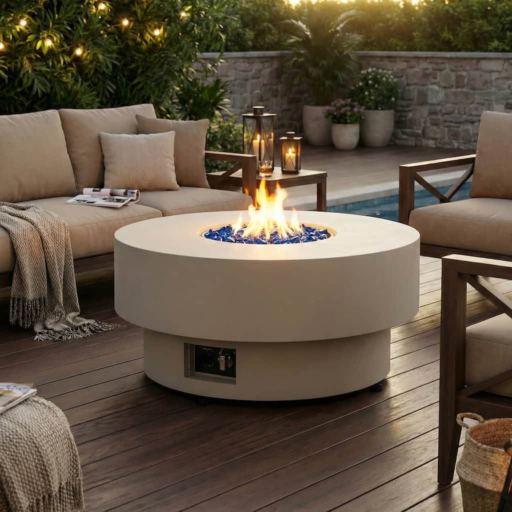 Round 50,000 BTU Propane Gas Fire Pit Table with Rain Cover & Blue Glass Beads