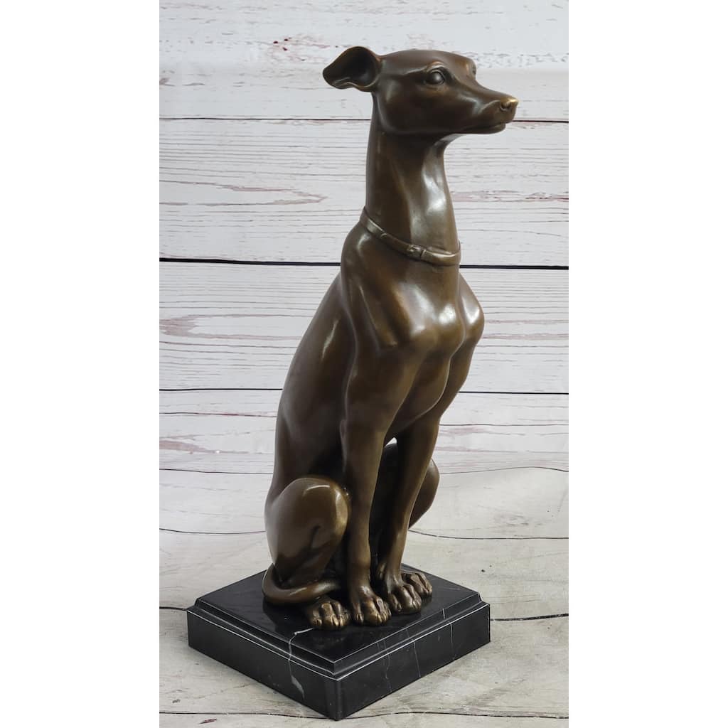 Greyhound Guardian Imitative Dog Bronze Metal Statue Sculpture Signed On Marble Base