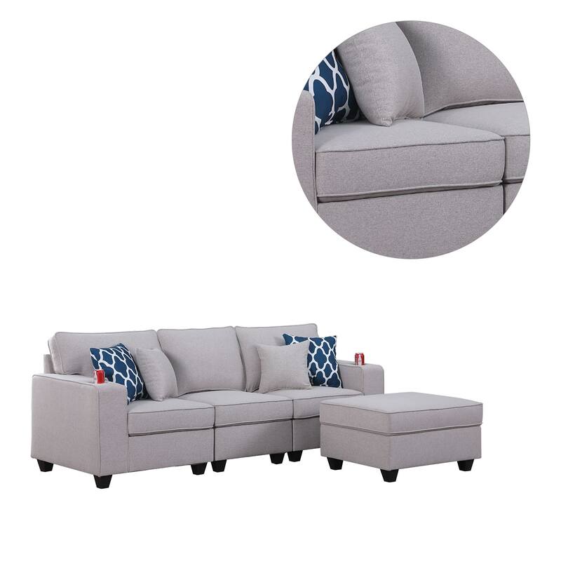 Linen Upholstered Sofa with Ottoman in Light Gray