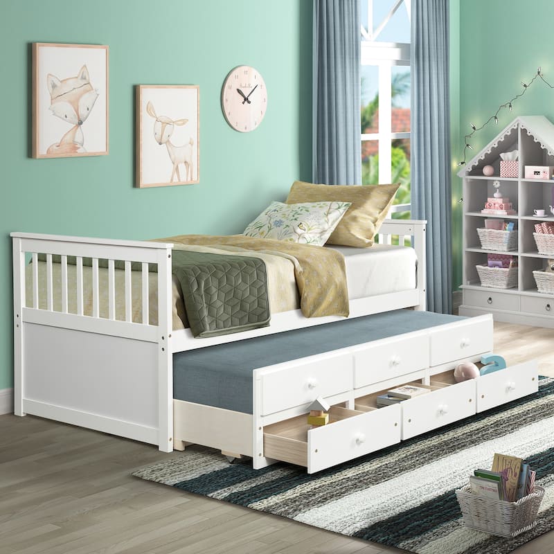 Charming Cottage Style Solid Wood Twin Daybed with Trundle Bed and