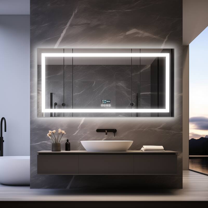 Smart LED Illuminated Fog-free Large Bathroom Mirror with Bluetooth Speakers, Digital Display