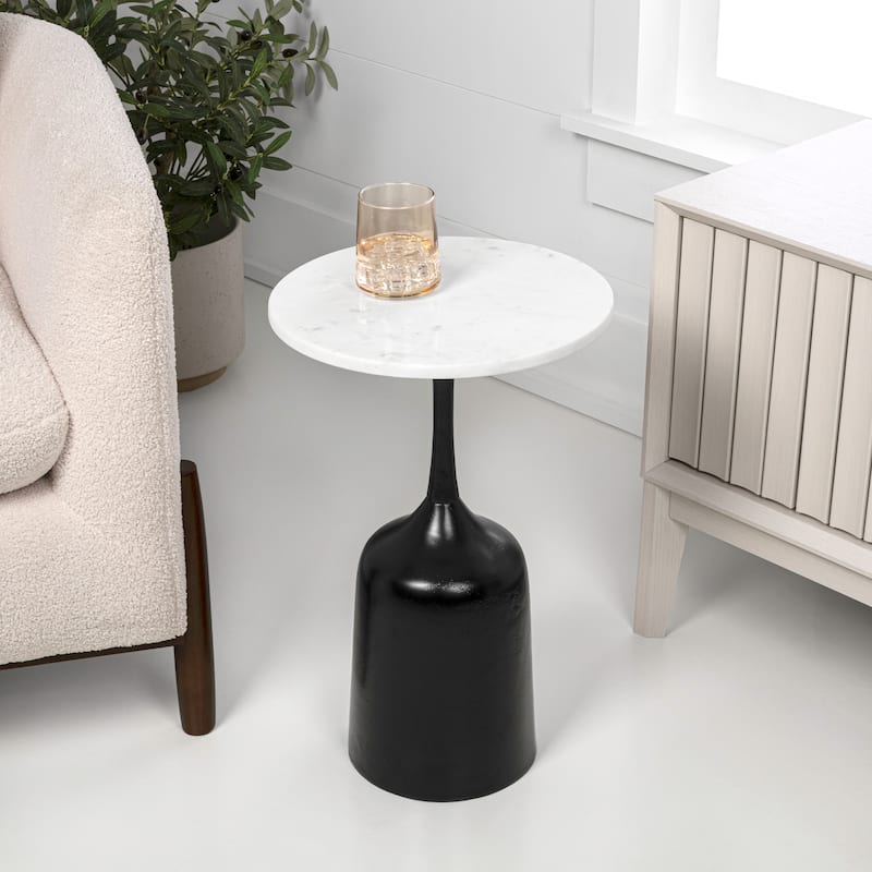 JONATHAN Y Pip 20.25″ Metal Drink, End Table w/ White Marble Round Top & Bell Pedestal Base