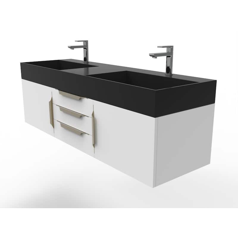 Amazon 60" Wall Mounted Bathroom Vanity Set w/ Black Top