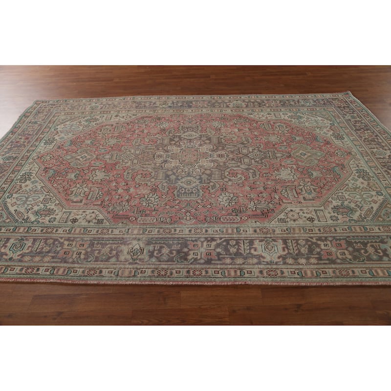 Distressed Tabriz Persian Vintage Area Rug Hand-Knotted Wool Carpet - 6'5" x 9'7"