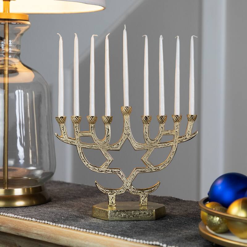 Embossed Metal Hanukkah Menorah with Star of David - 10" - Gold