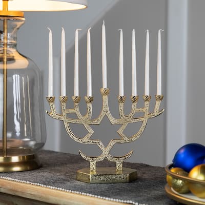 Embossed Metal Hanukkah Menorah with Star of David - 10" - Gold