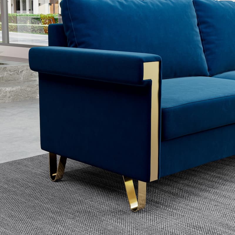 Stylish 76.34" Velvet Sofa with Gold Metal Accents - Mid-Century Modern 2-Seat Couch for Small Living Spaces.