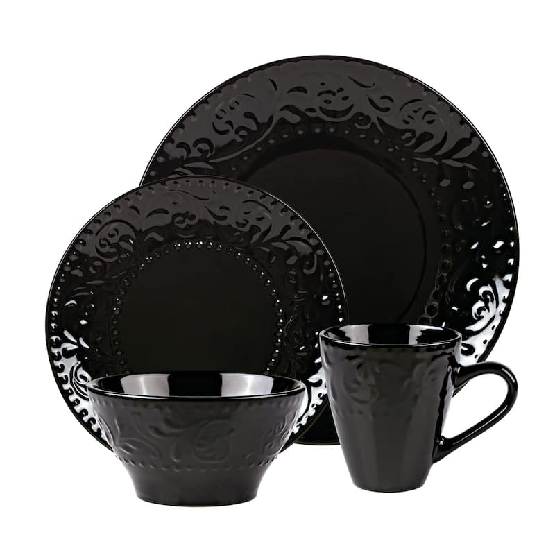 Lorren Home Trends 16 Piece Stoneware Scroll Dinnerware Set-Black