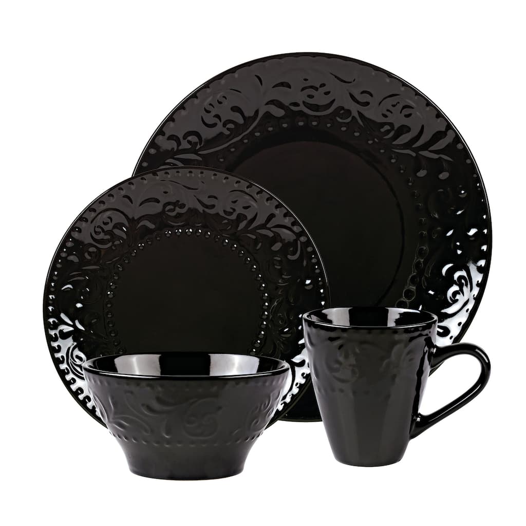 Lorren Home Trends 16 Piece Stoneware Scroll Dinnerware Set-Black